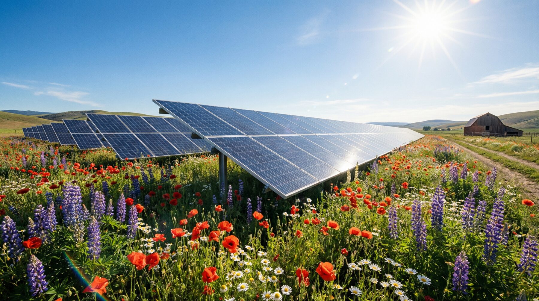 Ground-mounted solar panels on a prepared site illustrating solar farm foundations supported by aggregate base materials